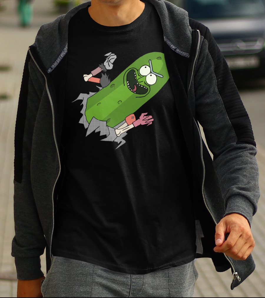 Pickle Rick Breaking Through Punching Action T-Shirt