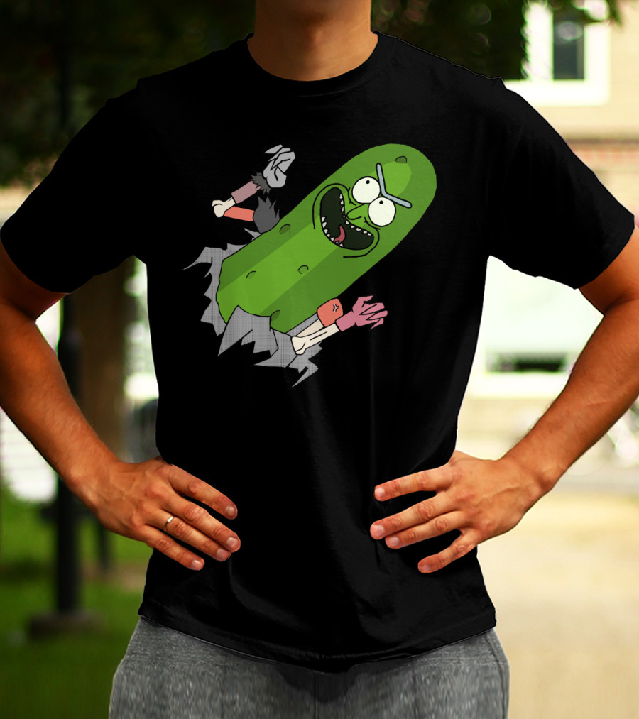 Pickle Rick Breaking Through Punching Action T-Shirt