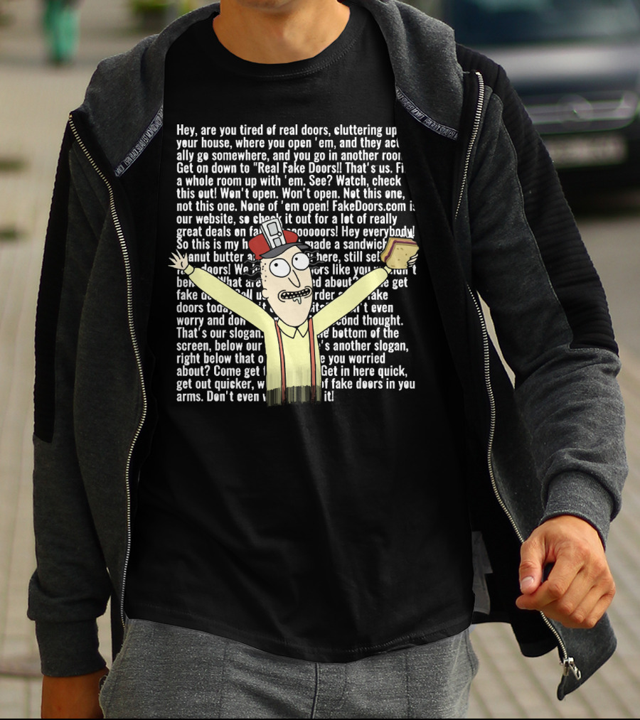 Real Fake Doors Funny Long Text Character Illustration With Sandwich T-Shirt