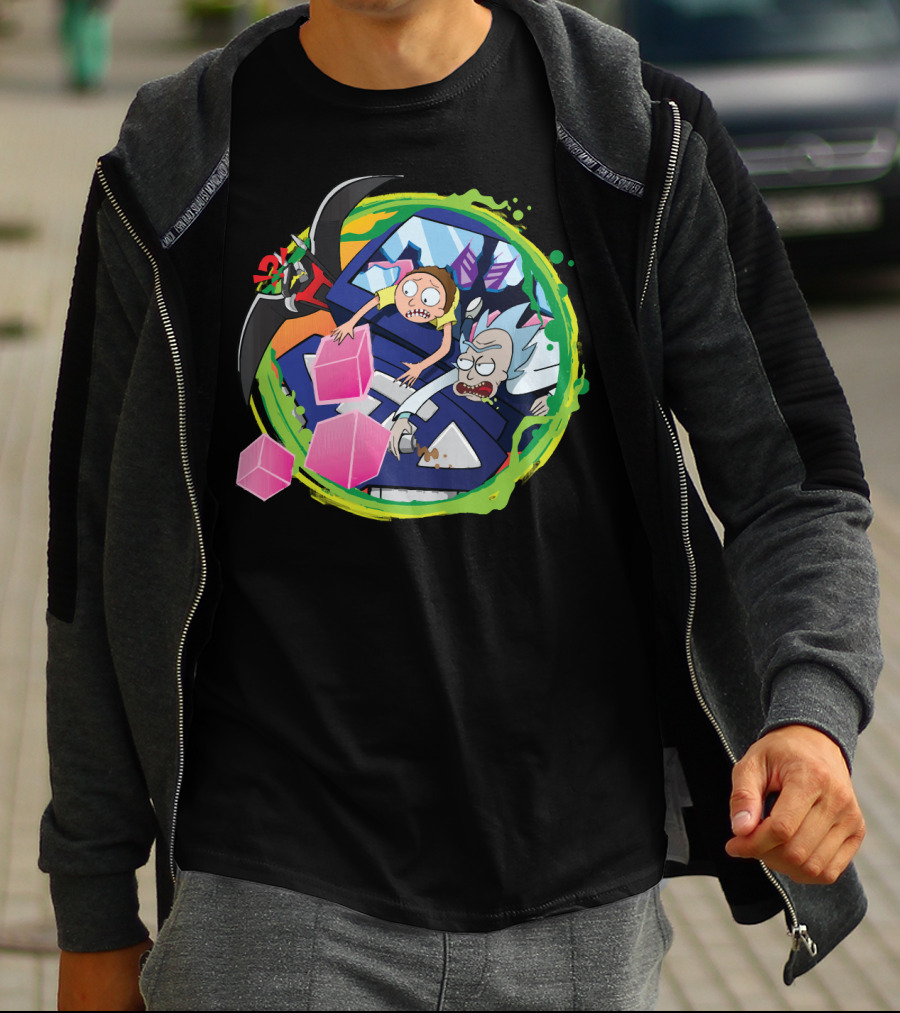 Rick And Morty In Cyber Portal Adventure With Pink Cubes And Alien Figures T-Shirt