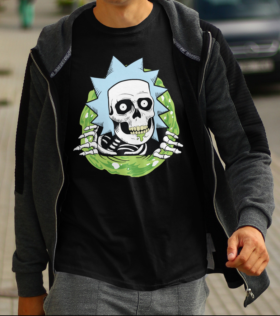 Rick Ripper Skeleton Portal Graphic Blue Hair Green Slime T-Shirt