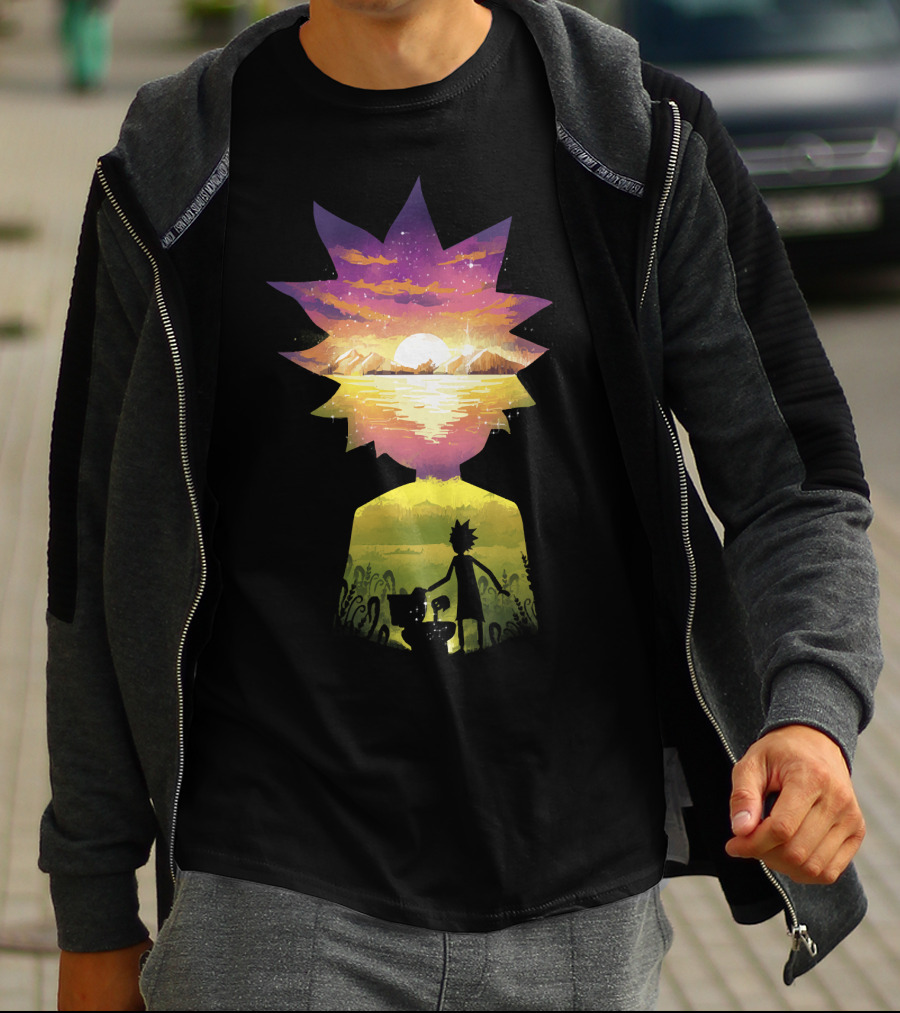 Rick And Morty Cosmic Sunset Adventure Scene T-Shirt