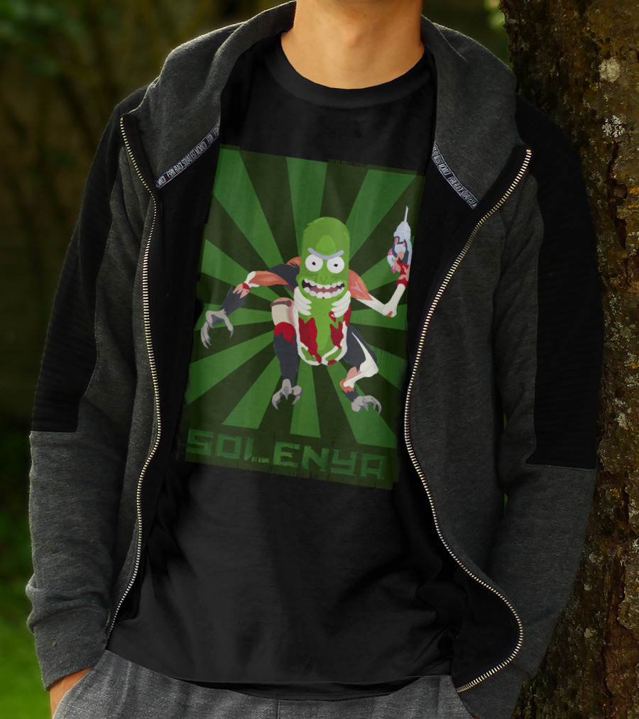 SOLENYA Mutant Pickle Character With Tools And Green Background T-Shirt