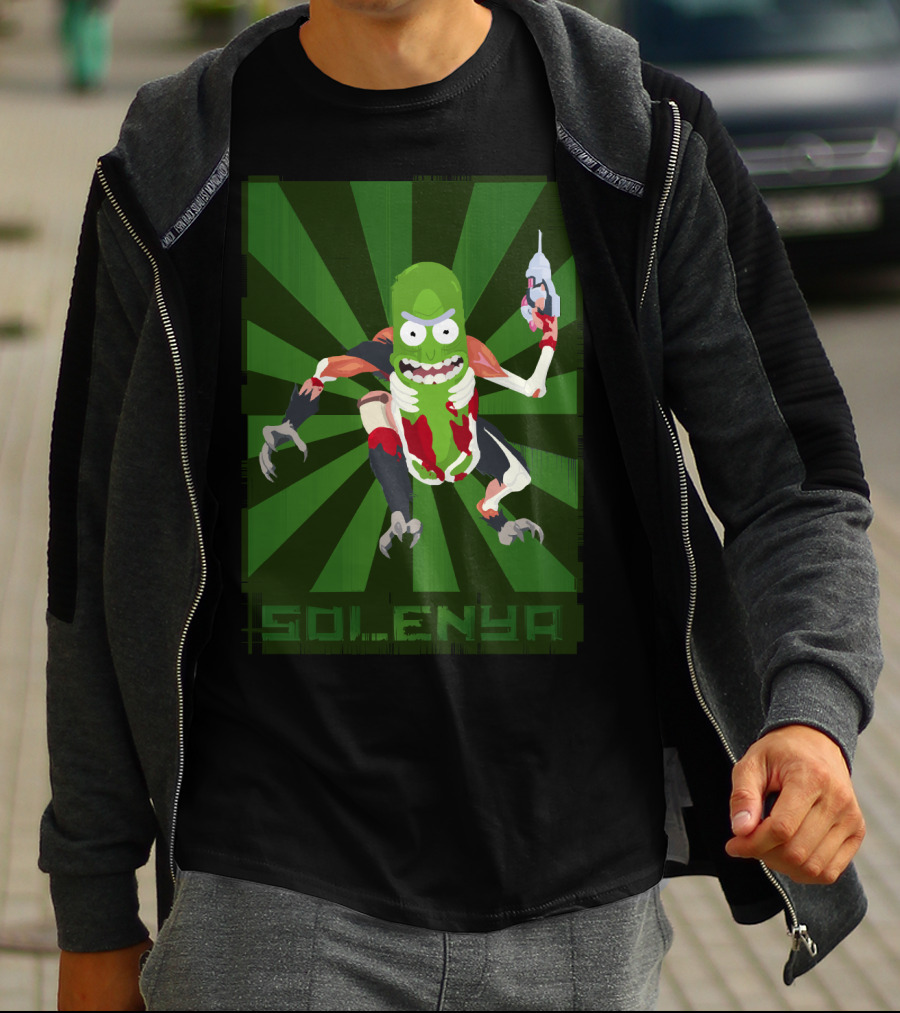 SOLENYA Mutant Pickle Character With Tools And Green Background T-Shirt