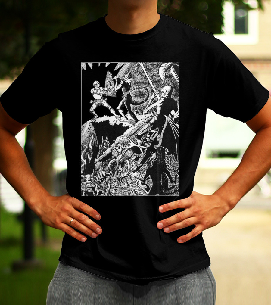 PALADIN IN HELL Classic Dungeon Adventure Battle Scene With Demons And Warriors T-Shirt