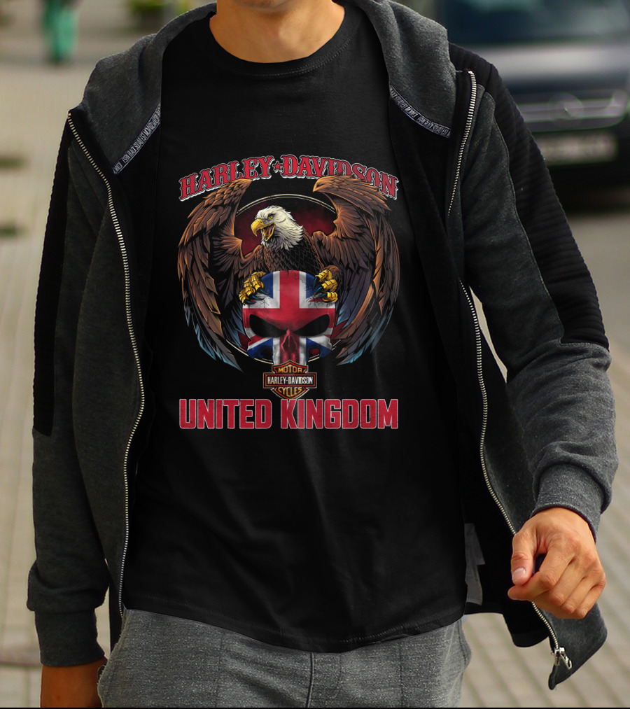 Harley Davidson Motor Cycles United Kingdom Eagle And Union Jack Skull T-Shirt