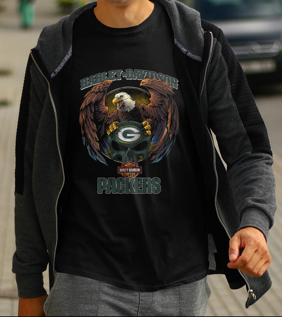 Harley Davidson Green Bay Packers Eagle Motor Cycles T-Shirt