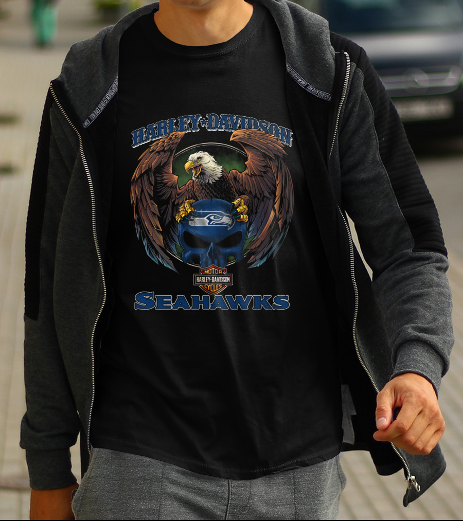 Harley Davidson Motor Cycles Seattle Seahawks Eagles Skulls T-Shirt