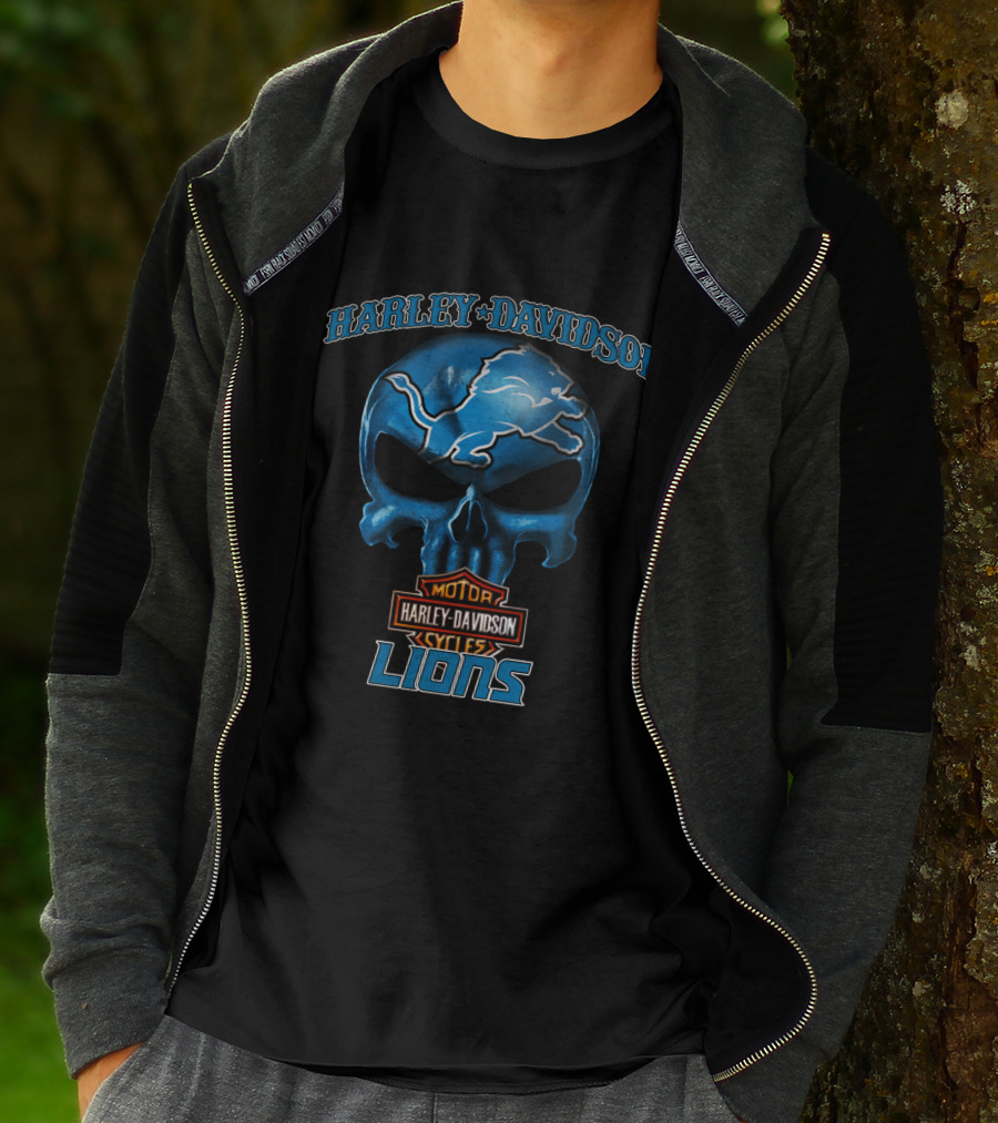 Harley Davidson Motor Cycles Lions Skull Detroit Nfl T-Shirt