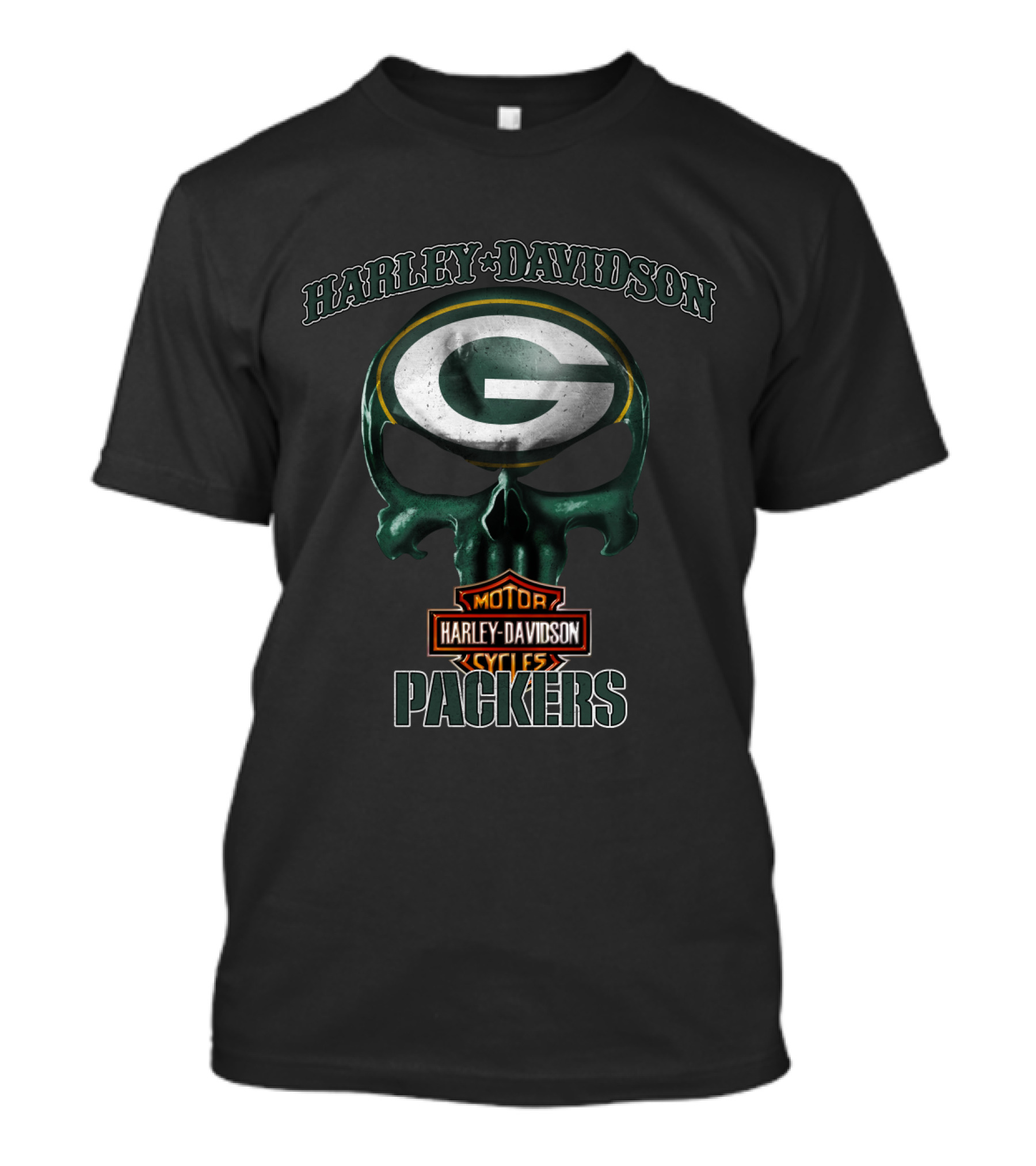 Harley Davidson Skull Green Bay Packers Nfl Motor Cycles T-Shirt