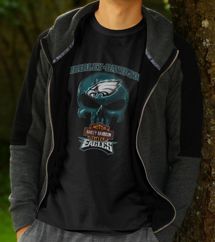 Harley Davidson Motor Cycles Skull Philadelphia Eagles T-Shirt