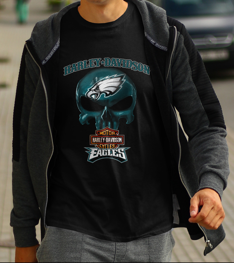 Harley Davidson Motor Cycles Skull Philadelphia Eagles T-Shirt