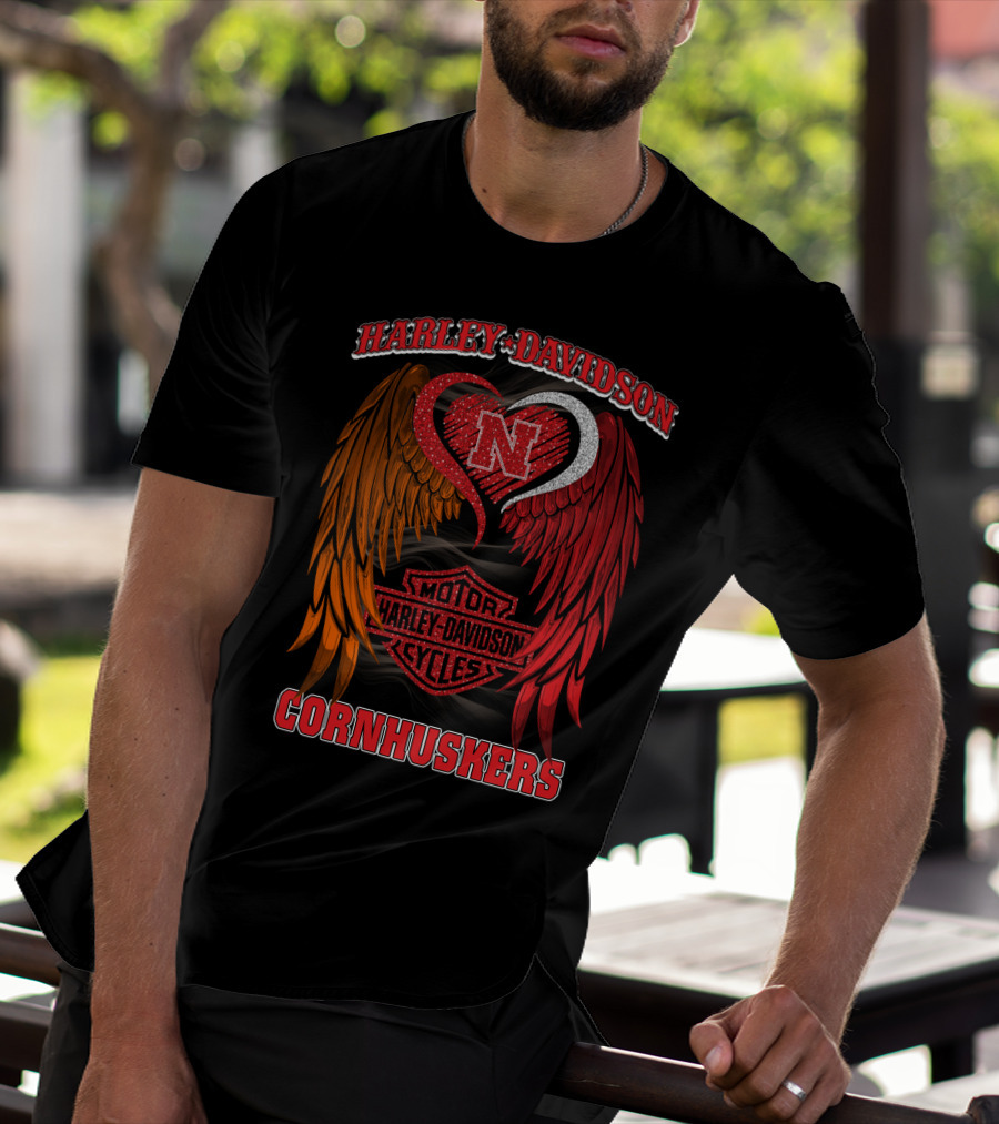 Harley Davidson Heart Wings Nebraska Cornhuskers Motorcycles T-Shirt