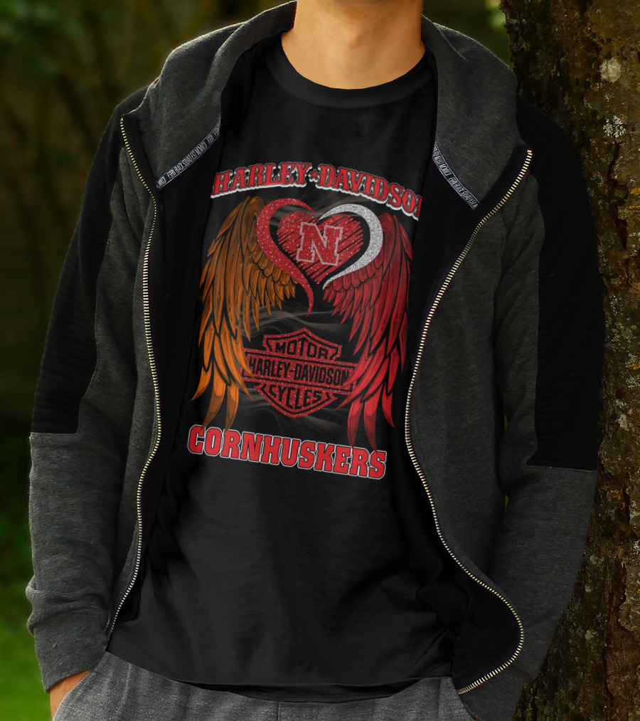Harley Davidson Heart Wings Nebraska Cornhuskers Motorcycles T-Shirt