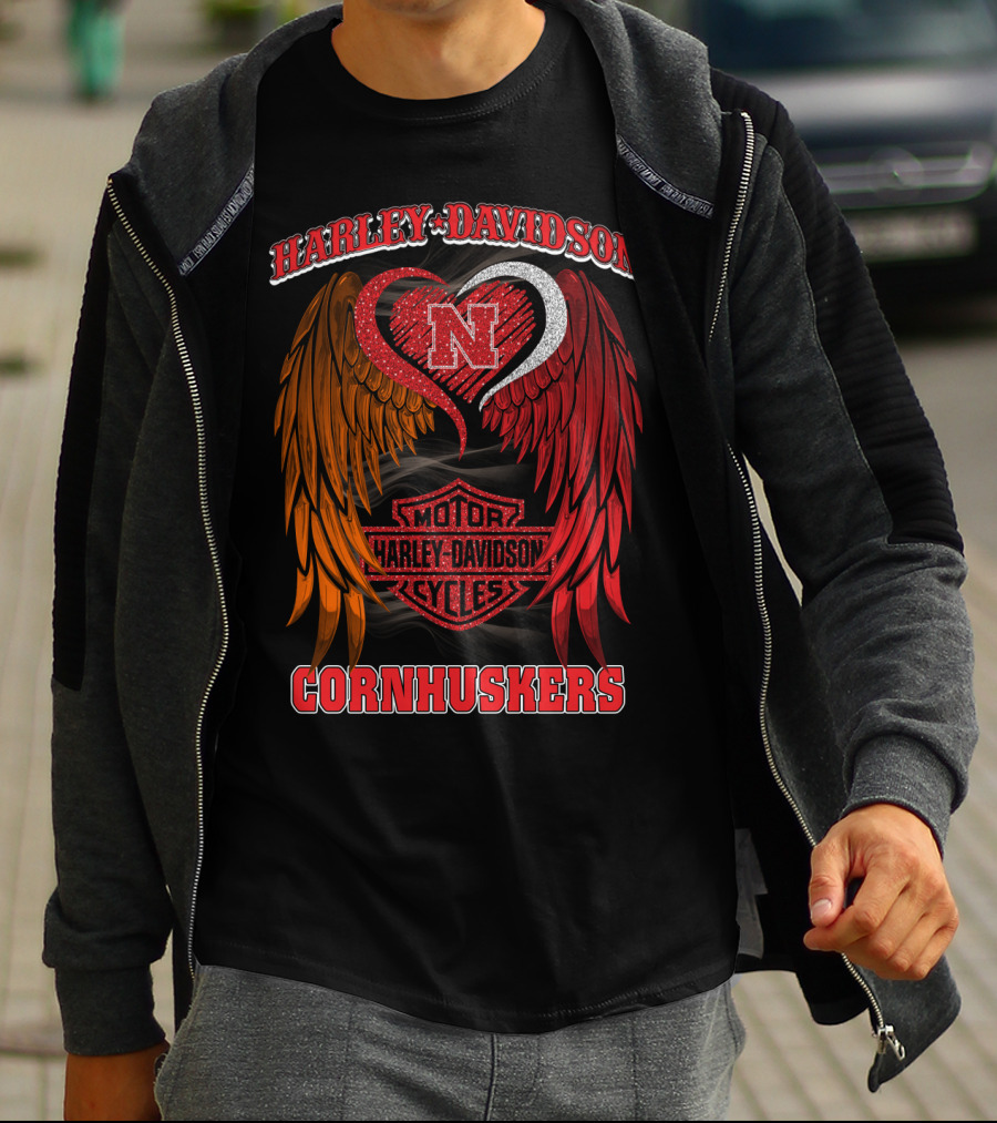 Harley Davidson Heart Wings Nebraska Cornhuskers Motorcycles T-Shirt