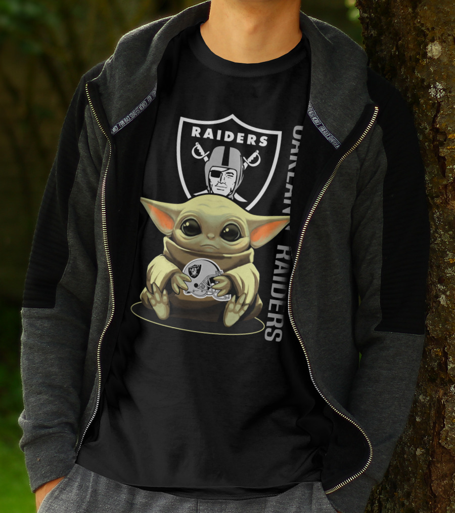 Baby Yoda Holding Oakland Raiders Helmet With Raiders Logo In Background T-Shirt
