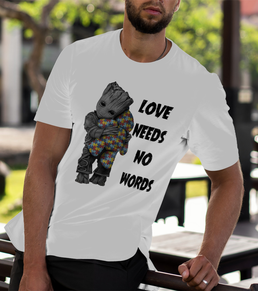 Love Needs No Words Groot Hugging Puzzle Piece Autism Awareness T-Shirt