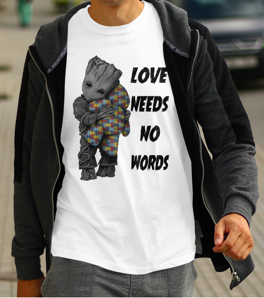 Love Needs No Words Groot Hugging Puzzle Piece Autism Awareness T-Shirt