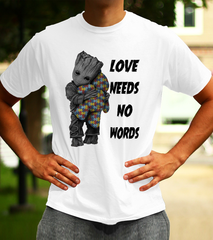Love Needs No Words Groot Hugging Puzzle Piece Autism Awareness T-Shirt