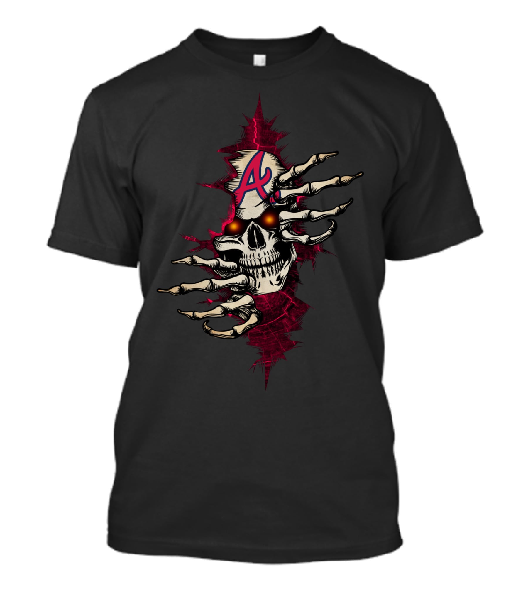 SKULL WITH BRAVES INSPIRED A LOGO AND SKELETAL HANDS T-Shirt