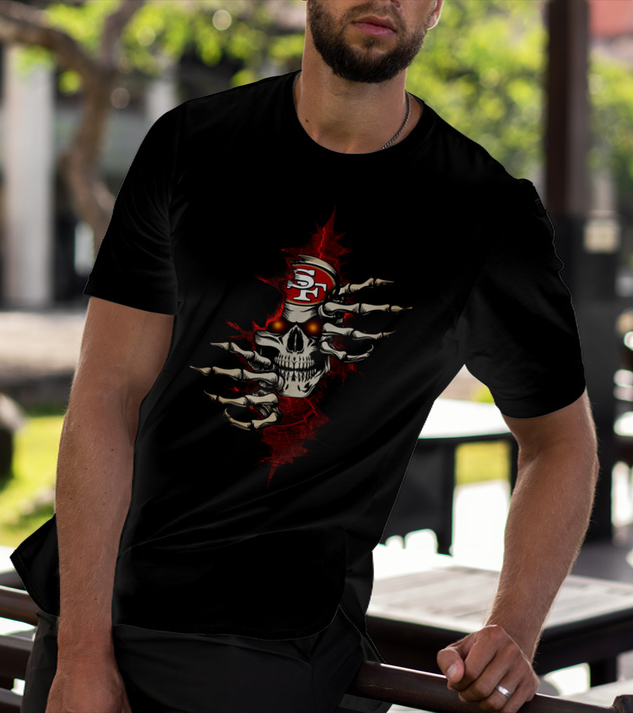 Skull With 49ers Logo And Skeleton Hands T-Shirt