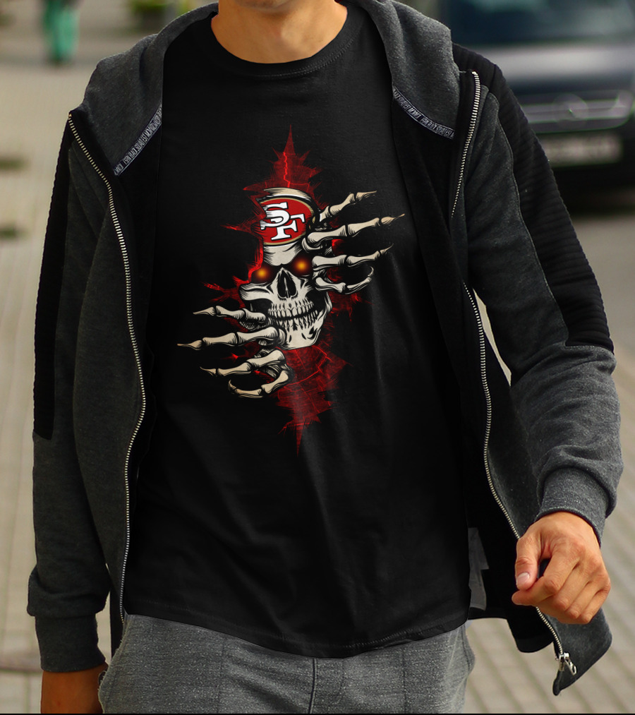 Skull With 49ers Logo And Skeleton Hands T-Shirt