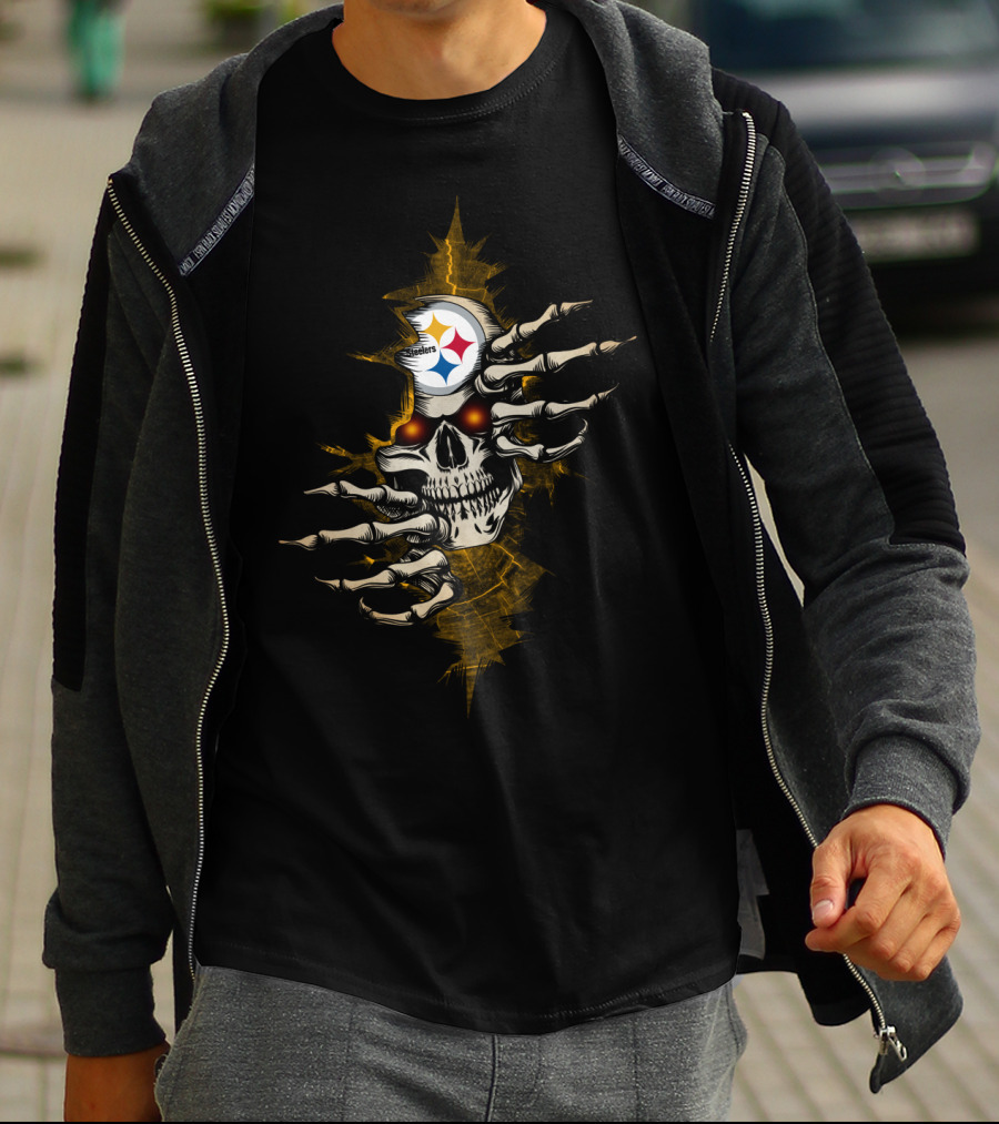 Skull Steelers Creepy Hand And NFL Team Logo Skull T-Shirt