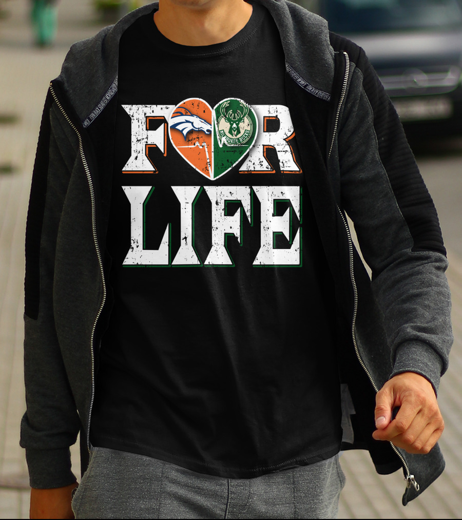 For Life Denver Broncos Milwaukee Bucks Heart Logo Fan Spirit T-Shirt