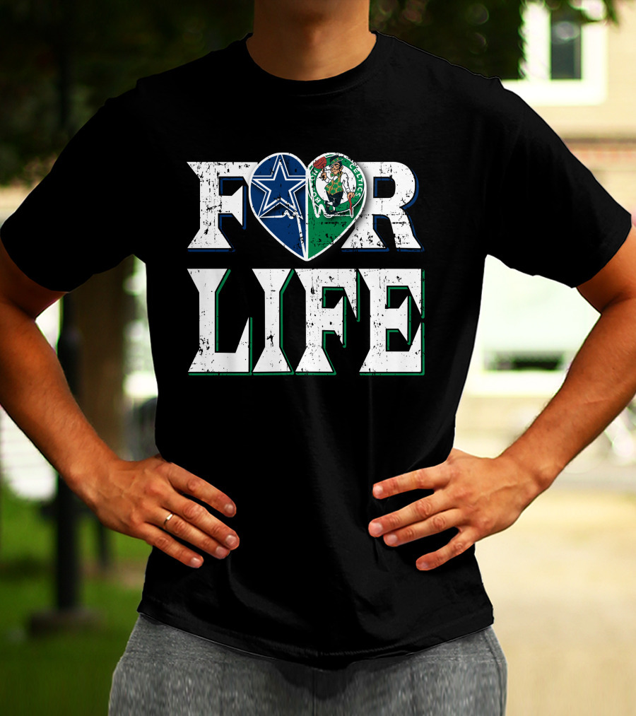 For Life Dallas Cowboys Boston Celtics Logo Heart T-Shirt