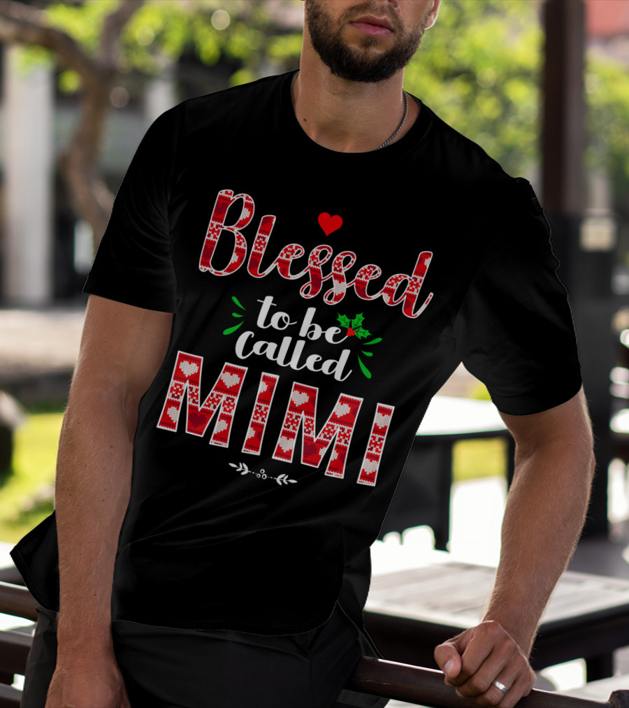 Blessed To Be Called Mimi Holiday Knit Pattern Heart And Holly T-Shirt