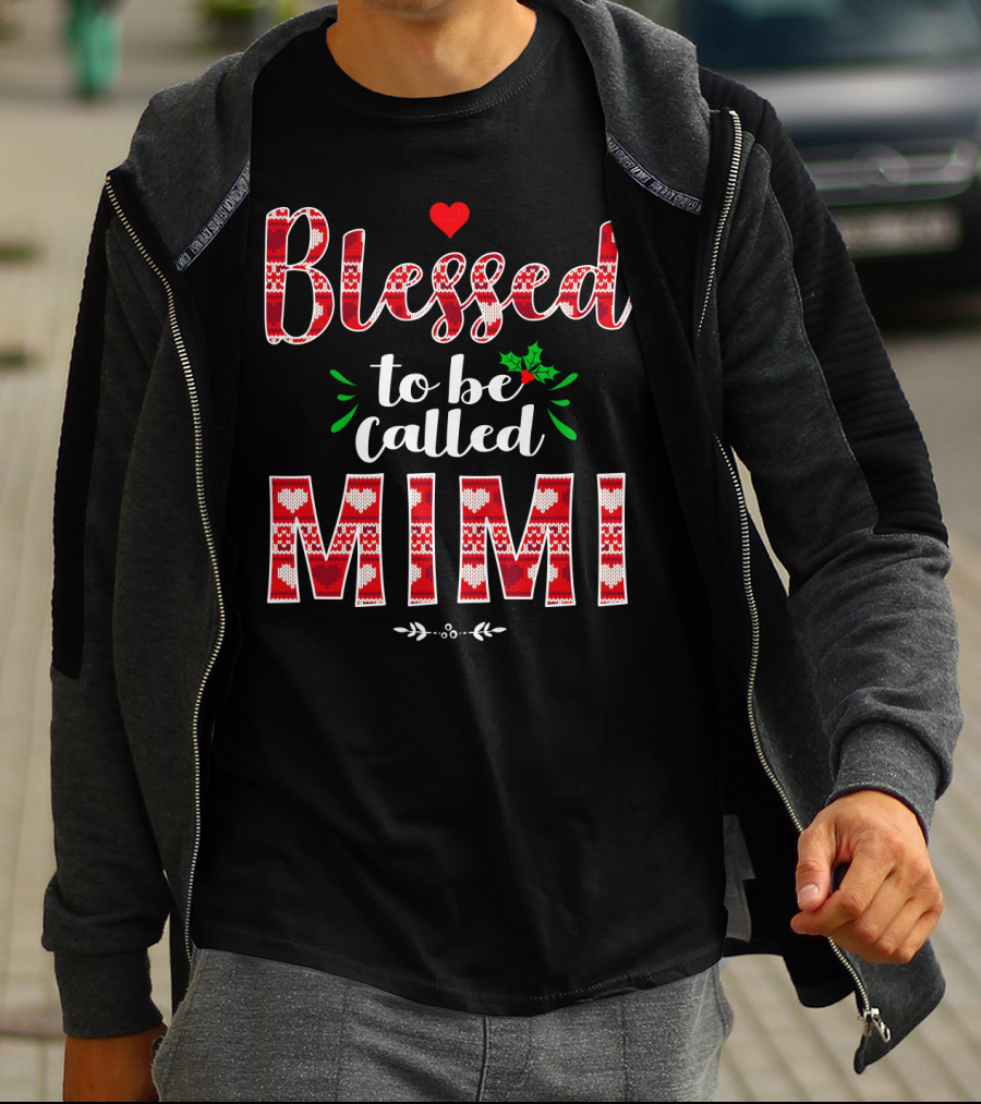 Blessed To Be Called Mimi Holiday Knit Pattern Heart And Holly T-Shirt