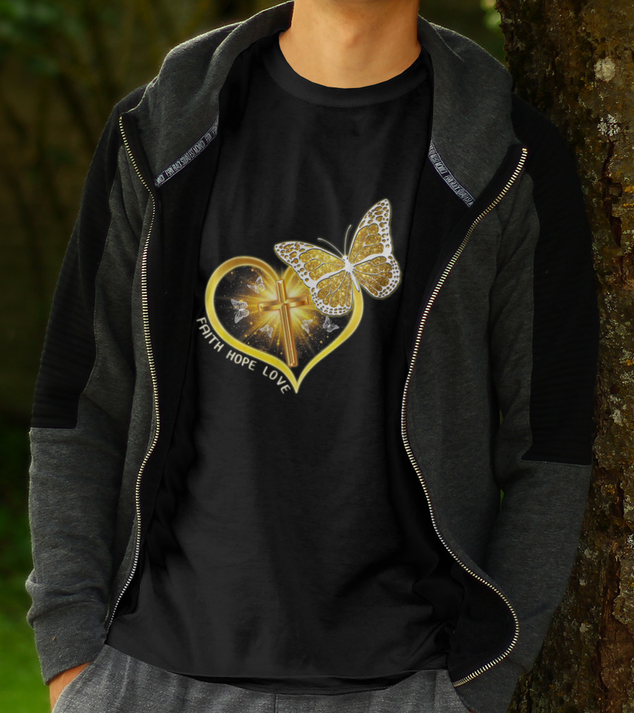 Faith Hope Love Butterfly Heart Christian Cross Jesus T-Shirt