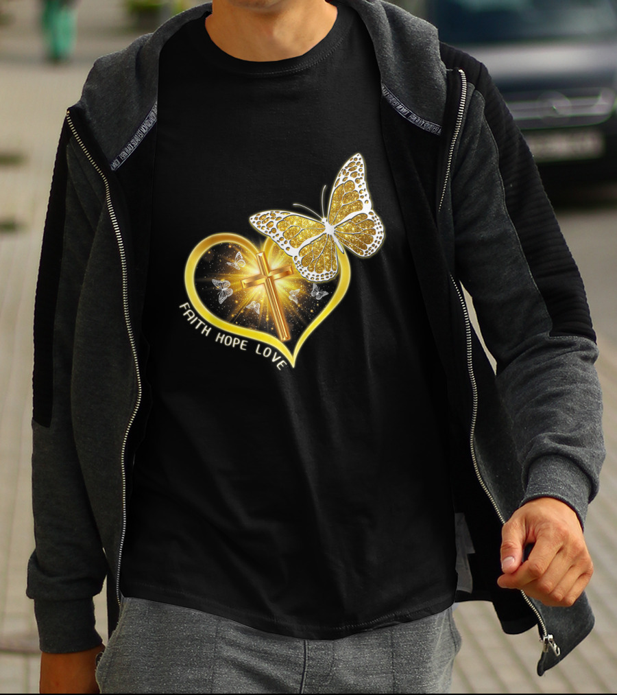 Faith Hope Love Butterfly Heart Christian Cross Jesus T-Shirt