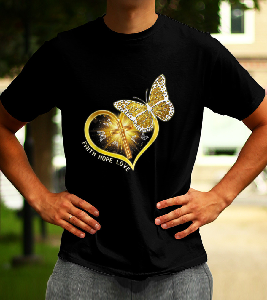 Faith Hope Love Butterfly Heart Christian Cross Jesus T-Shirt