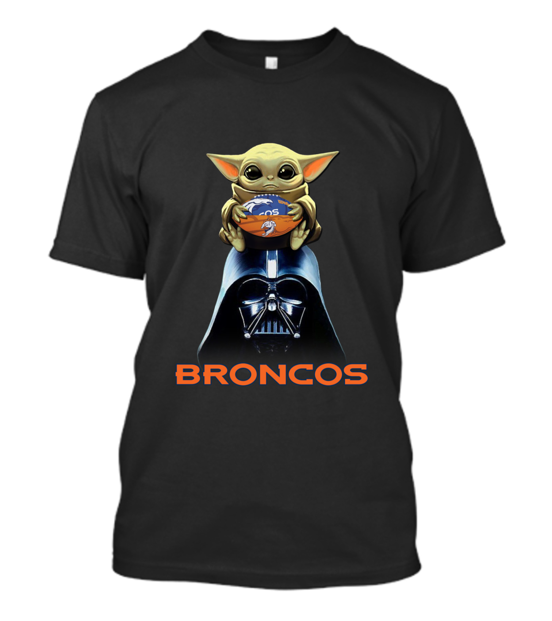 Baby Yoda Holding Denver Broncos Football On Darth Vader With Broncos T-Shirt