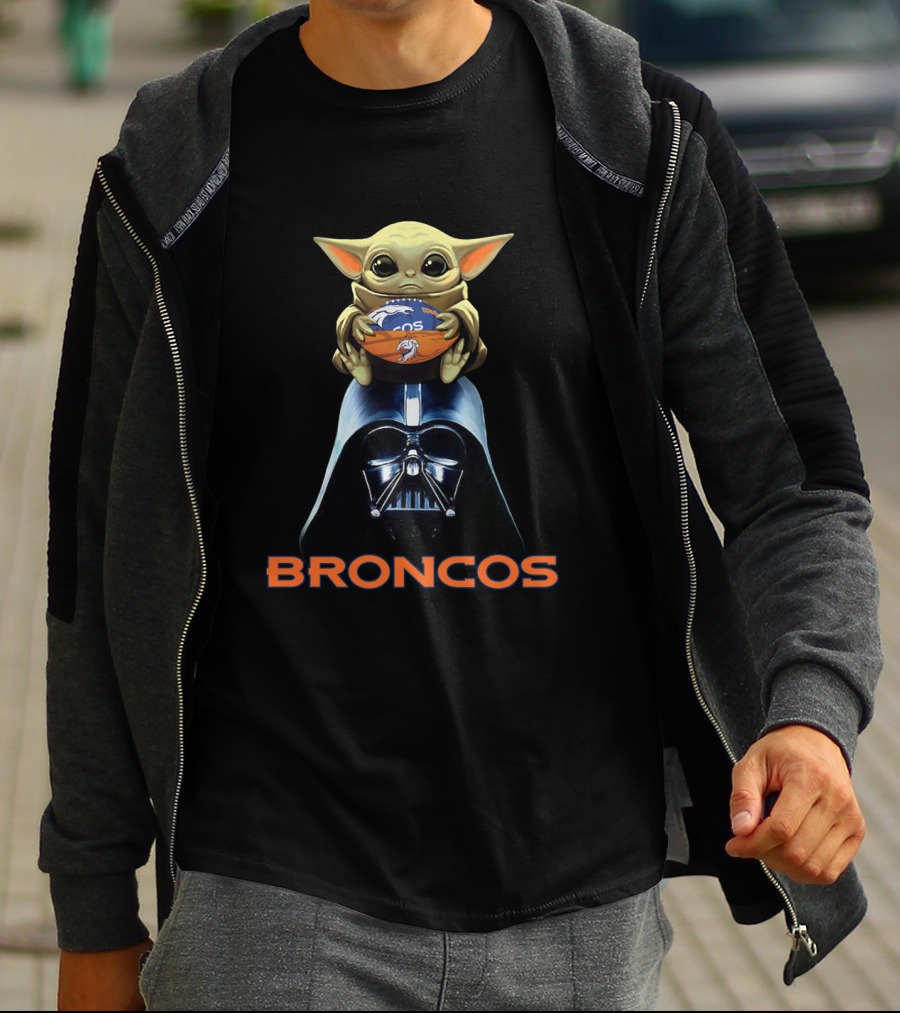 Baby Yoda Holding Denver Broncos Football On Darth Vader With Broncos T-Shirt