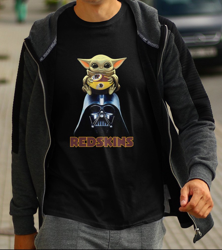 Redskins Baby Yoda Holding Football On Darth Vader Helmet T-Shirt