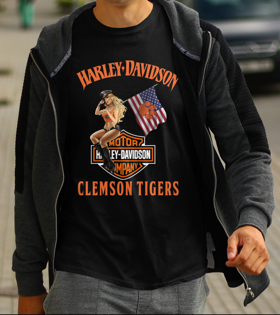 Harley Davidson Clemson Tigers American Flag Pin-Up Model T-Shirt