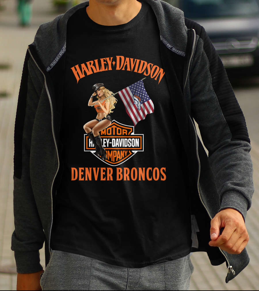Harley Davidson Denver Broncos Nfl Flag And Pin-Up Girl T-Shirt