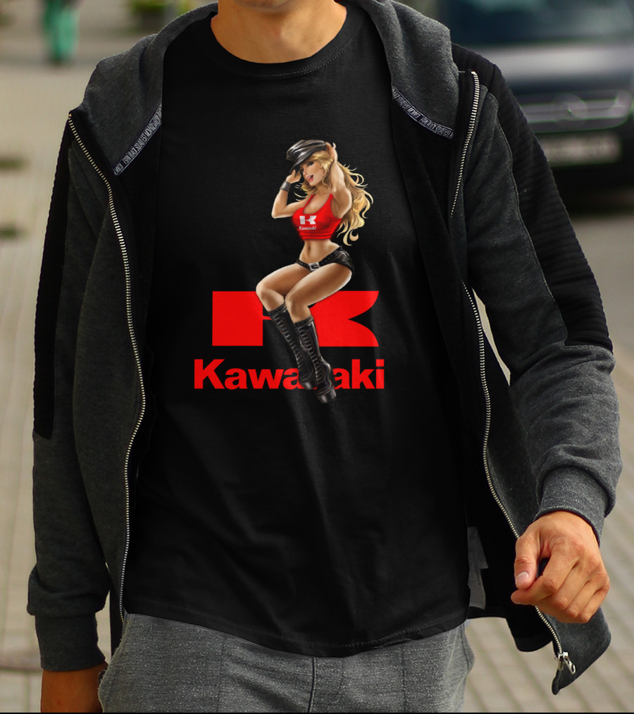 Kawasaki Girl In Red And Black Outfit With Cap And Boots T-Shirt