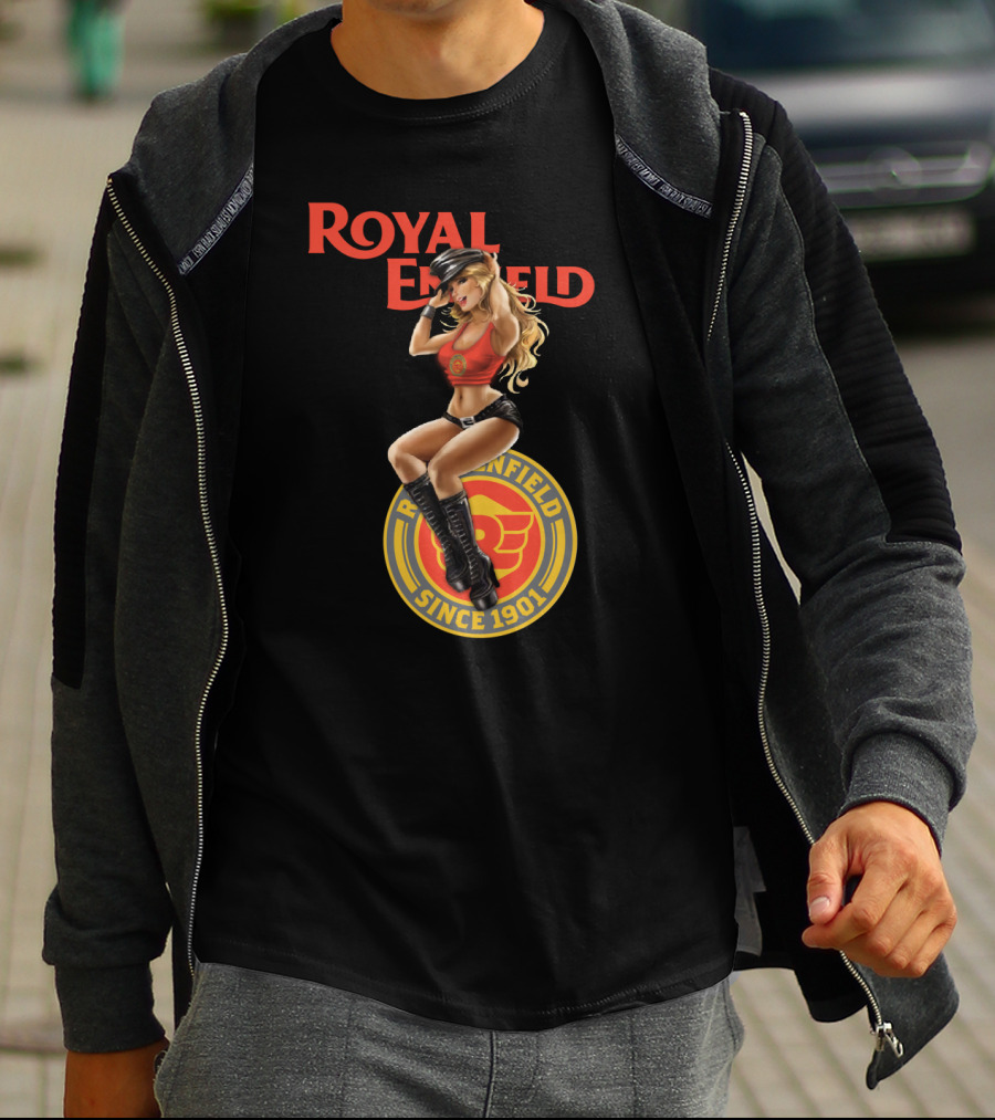 Royal Enfield Since 1901 With Pin-Up Girl In Red Top T-Shirt