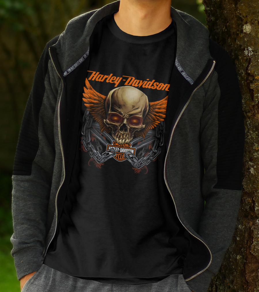 Harley Davidson Skull Wings And Chains Motorcycle Cycle T-Shirt