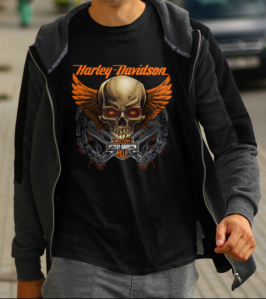 Harley Davidson Skull Wings And Chains Motorcycle Cycle T-Shirt