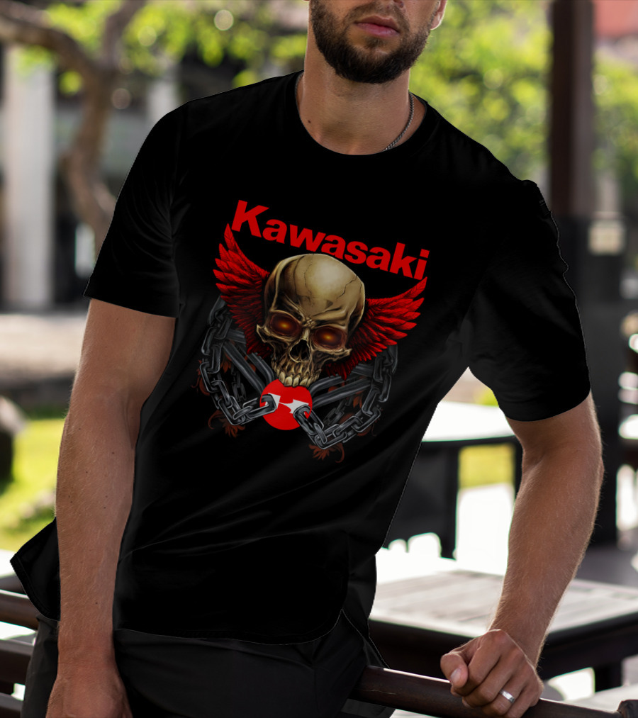Kawasaki Red Winged Skull And Chains T-Shirt