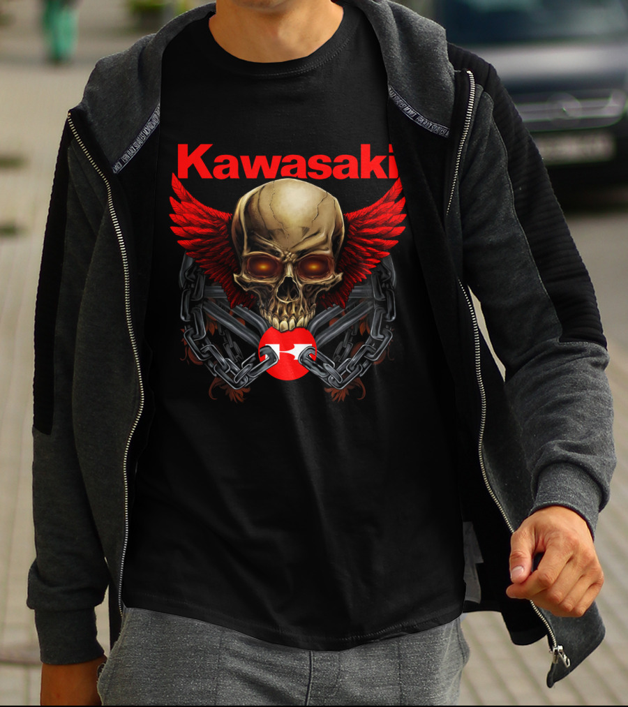 Kawasaki Red Winged Skull And Chains T-Shirt