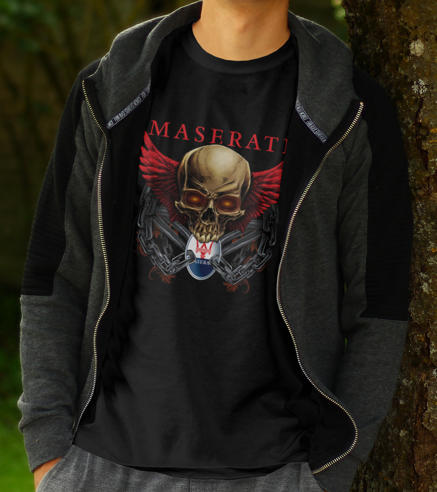 Maserati Skull With Red Wings And Chains T-Shirt