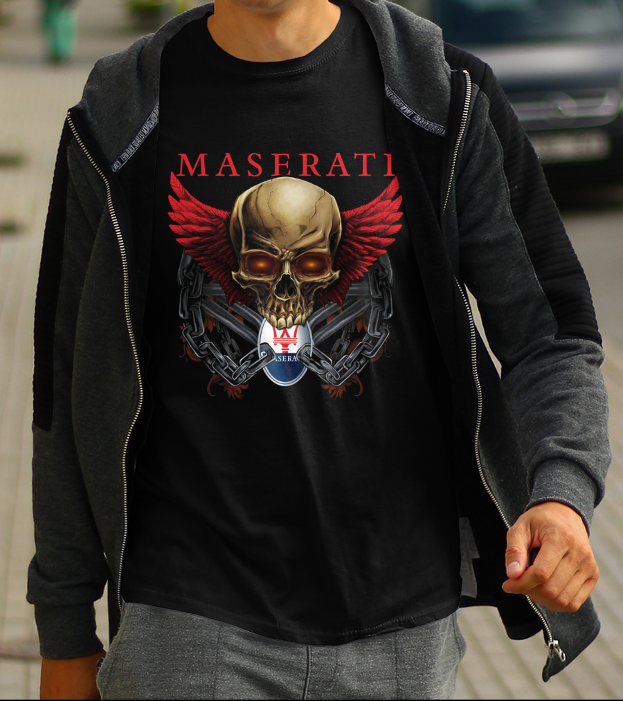 Maserati Skull With Red Wings And Chains T-Shirt
