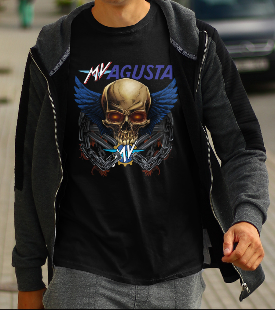 Mv Agusta Skull With Blue Wings And Chains T-Shirt