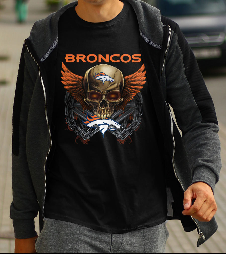 Broncos Skull Winged Logo With Chain And Horsehead T-Shirt
