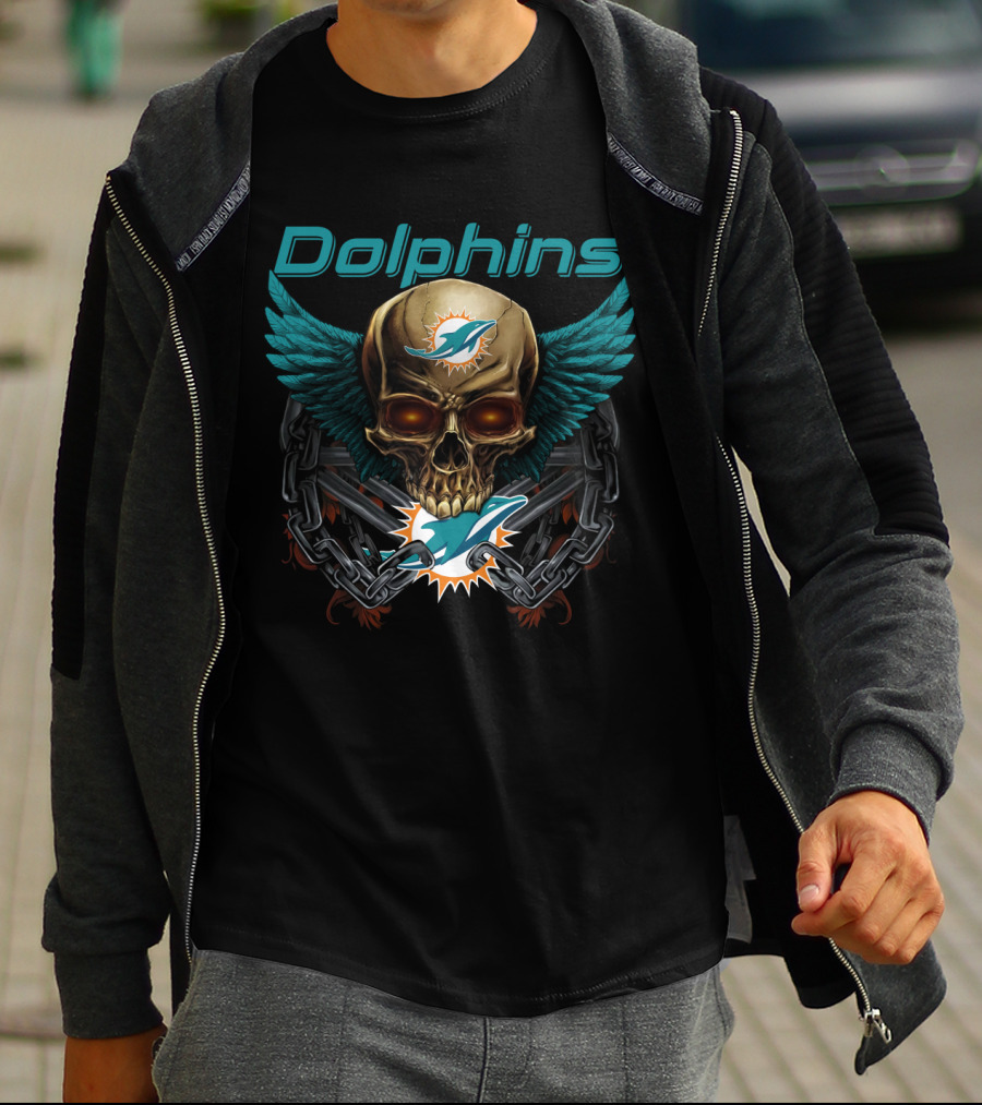 Dolphins Skull Logo With Wings And Chains T-Shirt